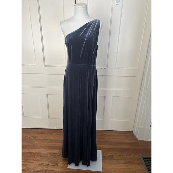 Birdy Grey Velvet One Shoulder Bridesmaid Dress Womens Size Large Storm Blue NWT - Picture 1 of 7